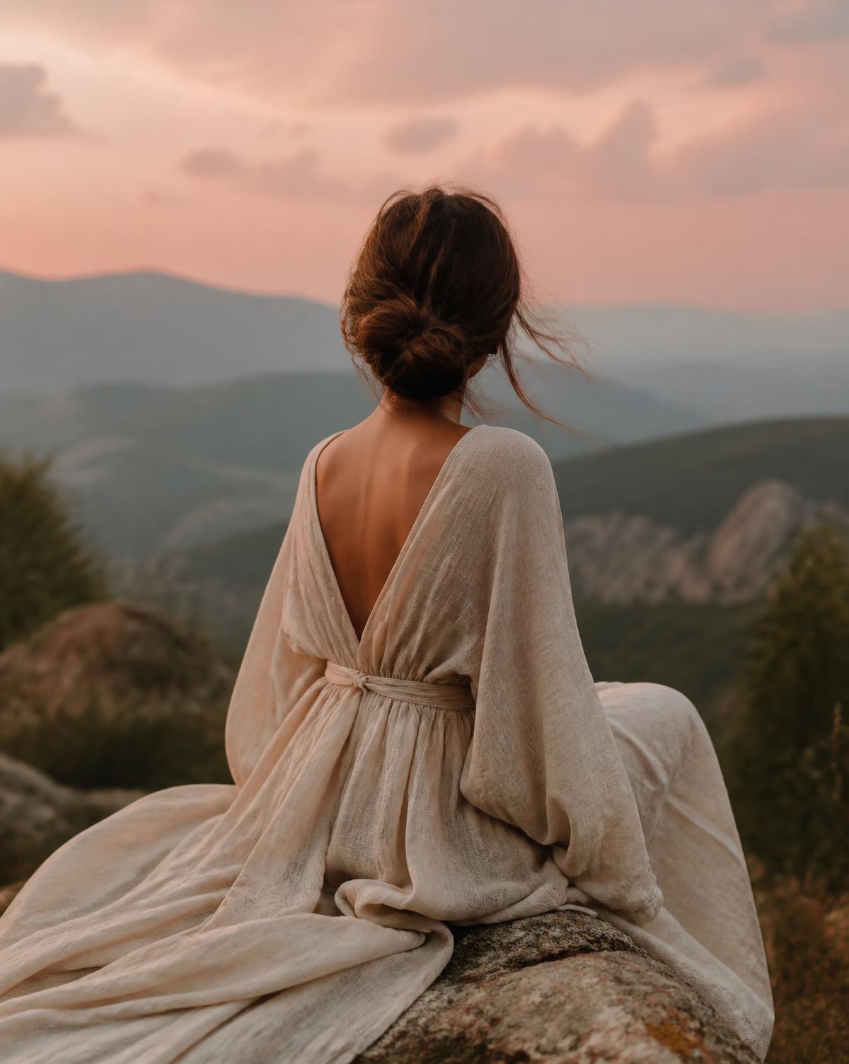 Mujer sentada en la naturaleza al atardecer