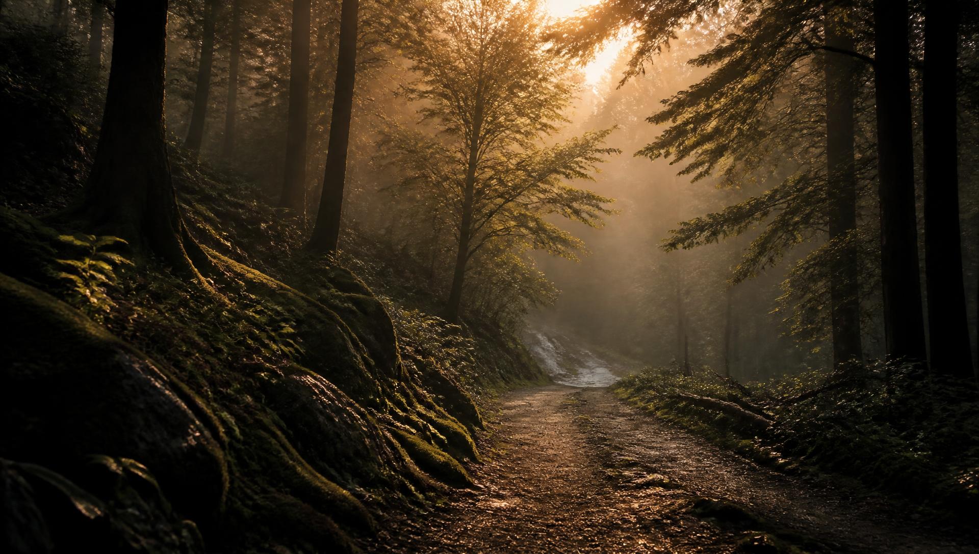 Sendero de bosque con luz cálida filtrándose entre los árboles