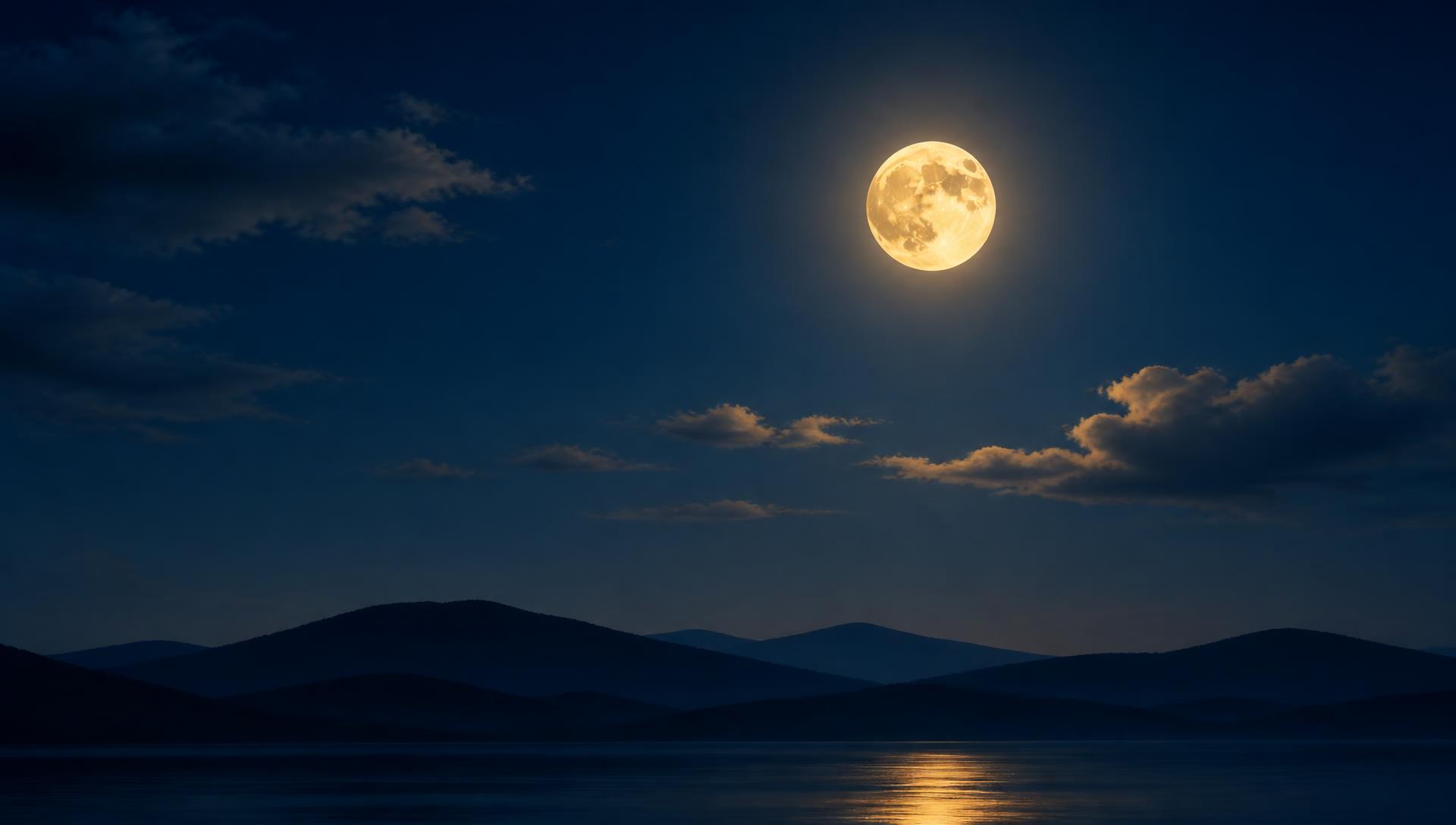 Luna llena sobre colinas en una noche serena